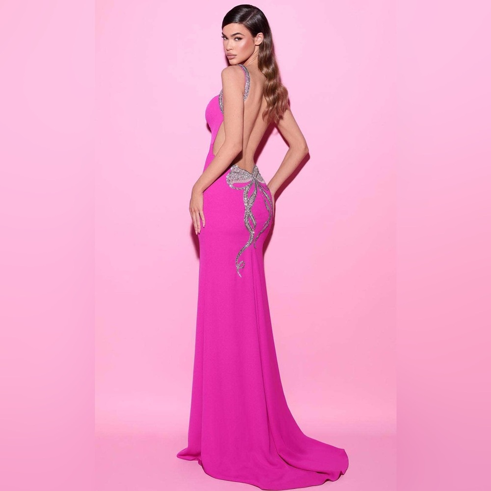 Tarik Ediz 54058 pink Beaded Bow Backless Evening Gown
